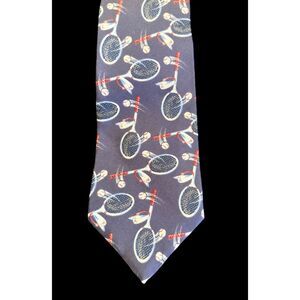 GAP Vintage Silk Tie Tennis Badminton Racquet 70s 80s Retro Blue